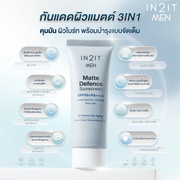 IN2IT MEN MATTE DEFENCE SUNSCREEN SPF50+ PA++++ กันแดดเนื้อเจลน้ำนม [MMSM] - Image 3